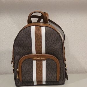 Michael Kors Brown and White Striped Monogram Mini Backpack